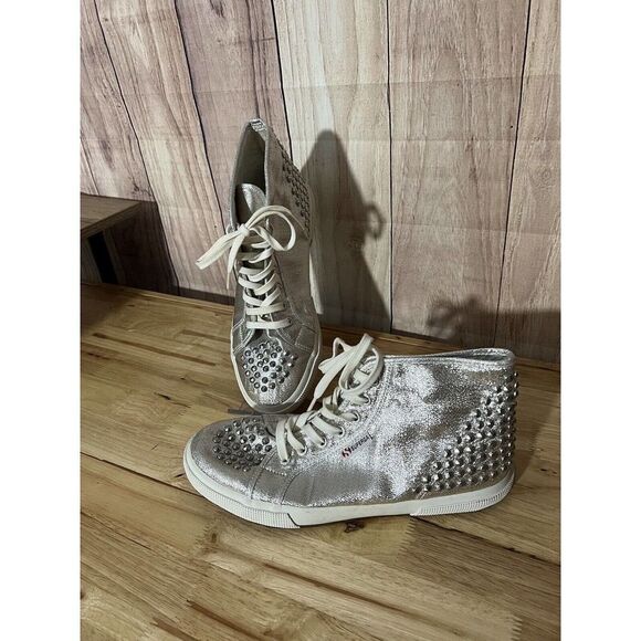 Superga Womens 9 US High Tops Silver Glitter Studded lace up - Picture 1 of 9